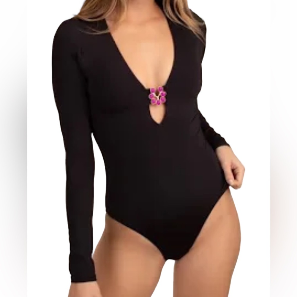 Trina Turk 'Bijou'  Solid Black Paddle Suit w/ Pink Bodice Jewel Closure At Bust